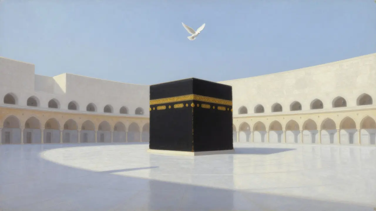 Кааба в центре священной зоны, где запрещены насилие и разрушение — только покой и преданность.