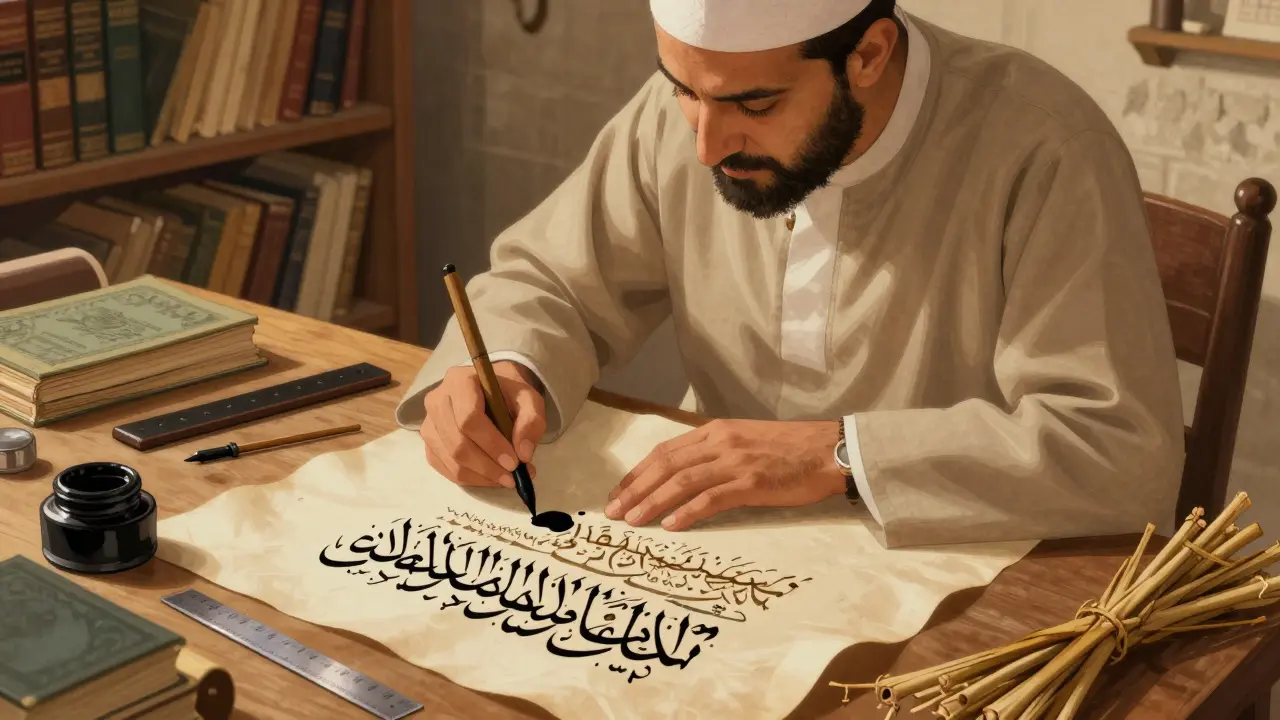 Каллиграф пишет насх на пергаменте в студии с традиционными инструментами.
