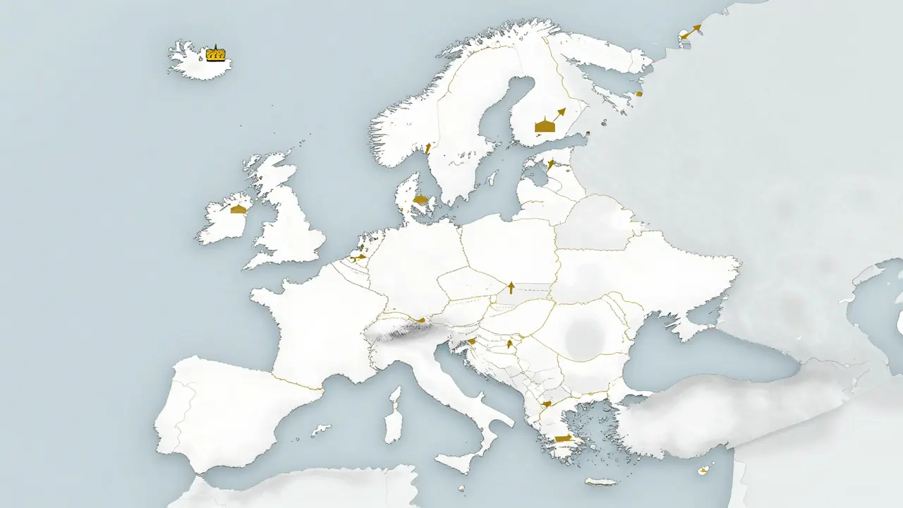 Карта Европы с восемью странами без мечетей, обозначенными пустыми местами и растущими стрелками.