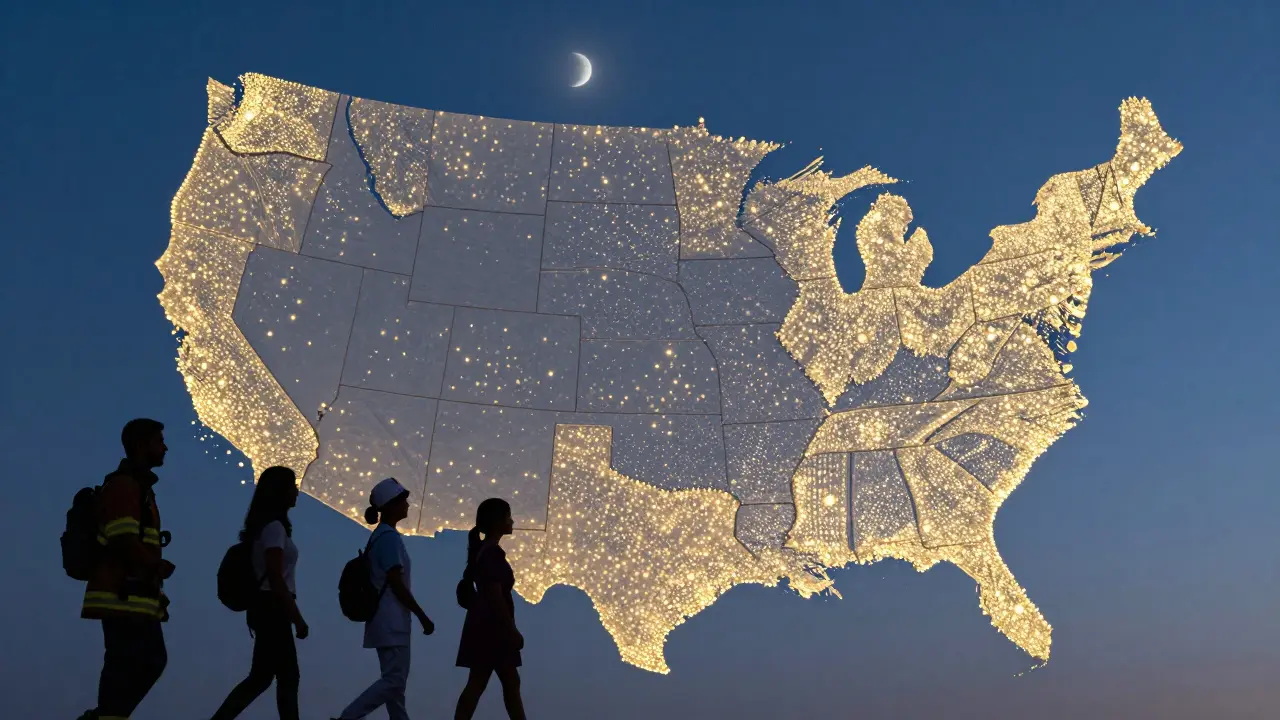 Карта США с точками, обозначающими 2100 мечетей, и силуэтами людей, идущих к ним в сумерках.