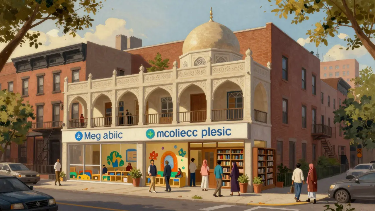 Комплекс мечети в Бруклине с клиникой, детским садом и библиотекой, интегрированный в жилой район.