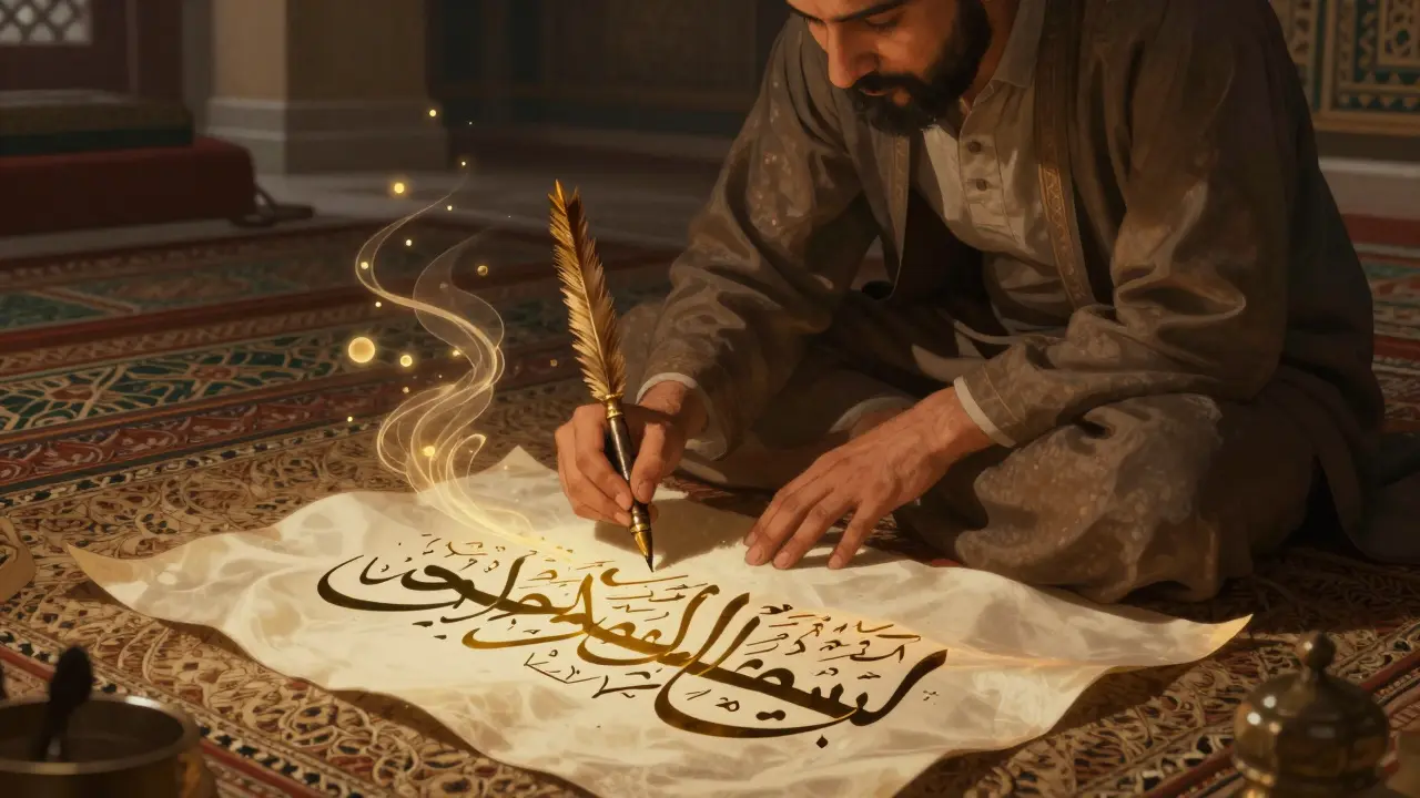 Мастер каллиграфии пишет насибом с закрытыми глазами, держа тростниковое перо над шелковой бумагой.