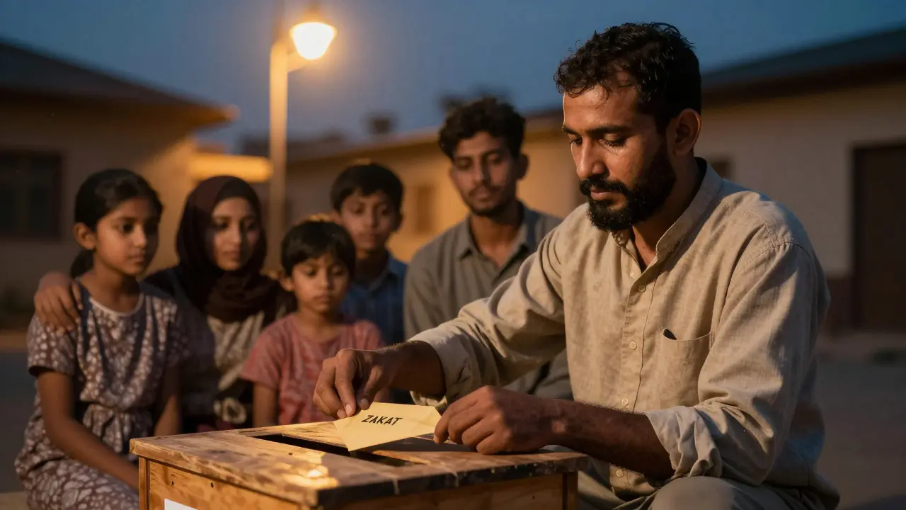 Мужчина кладёт пожертвование в деревянную коробку, за ним — благодарная семья.