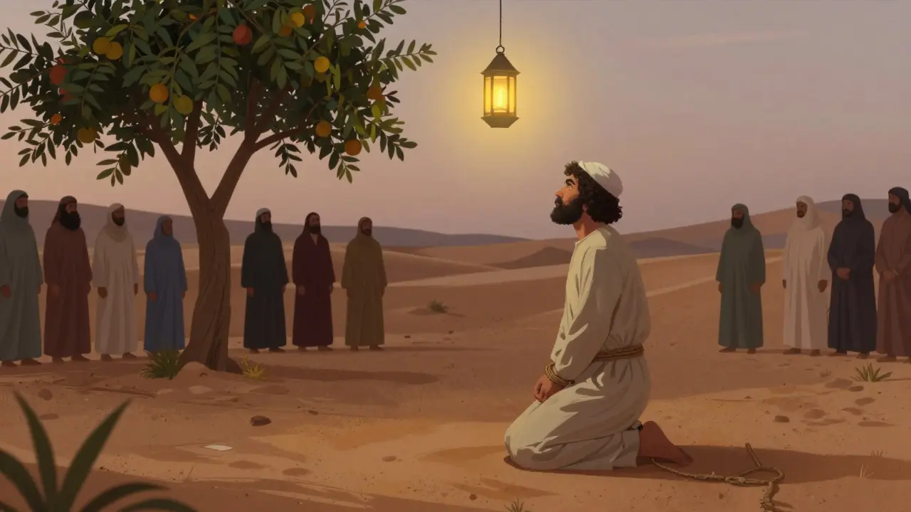 Мужчина на коленях в пустыне, дерево с плодами и фонарь — символ милосердия в исламском правосудии.