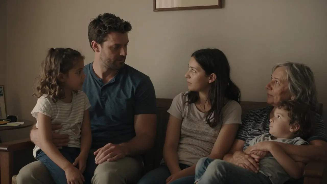 Мужчина спокойно общается с семьёй дома, проявляя терпение и заботу.