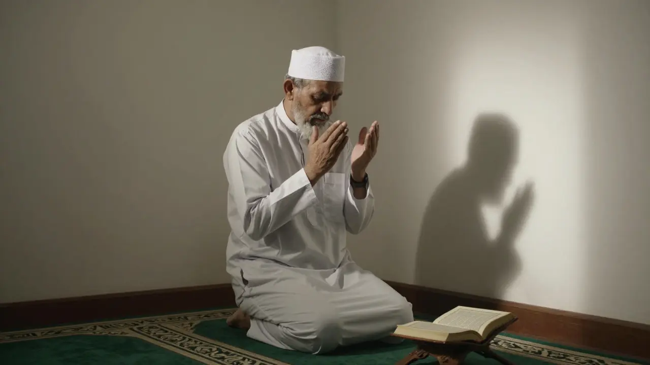 Мужчина в тюбетейке молится дома, свет падает на пустую стену без изображений.