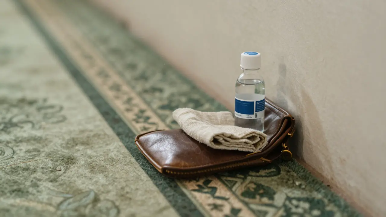 Небольшой кожаный мешочек с тканью и бутылочкой воды рядом с ковриком для молитвы.