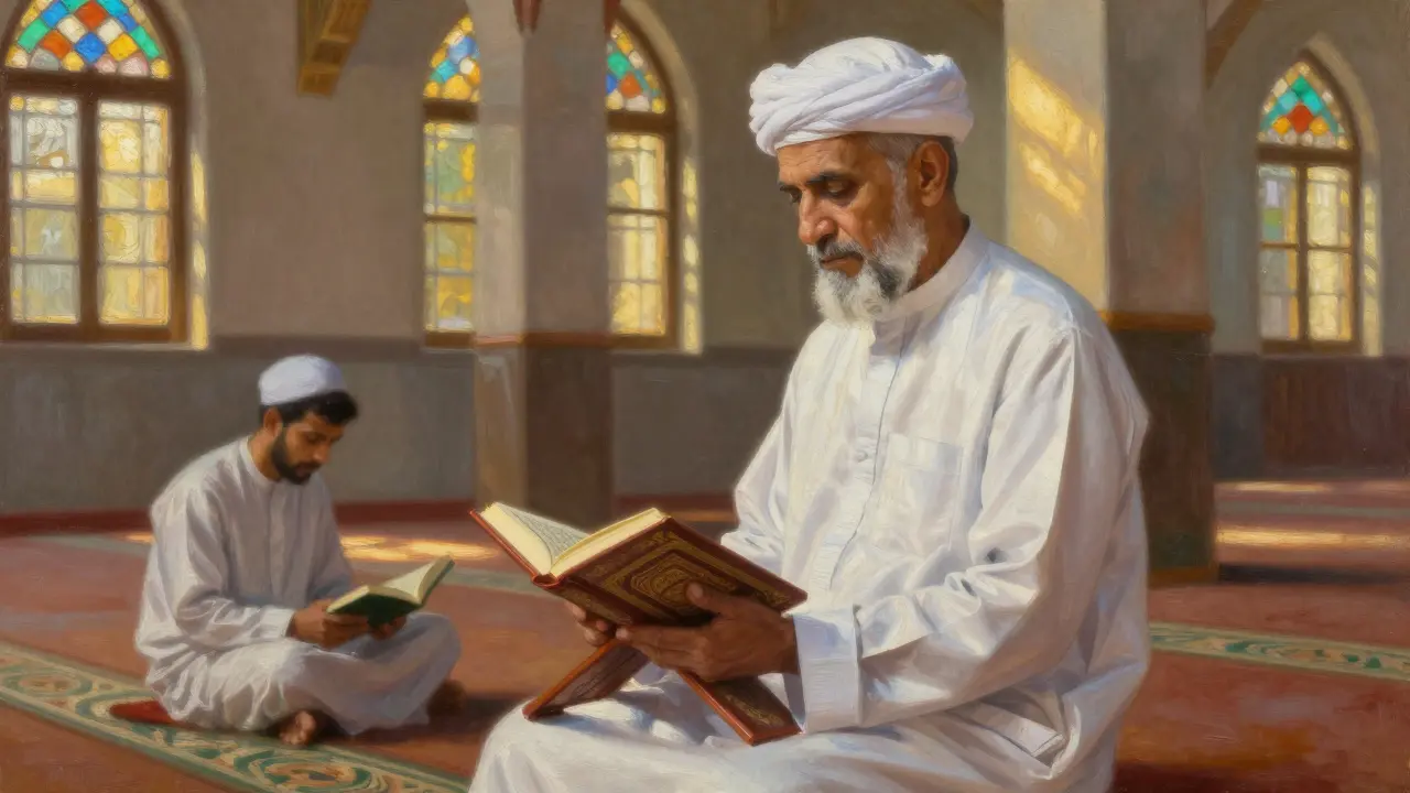 Пожилой мужчина в тюрбане и молодой человек без головного убора читают Коран в мечети.