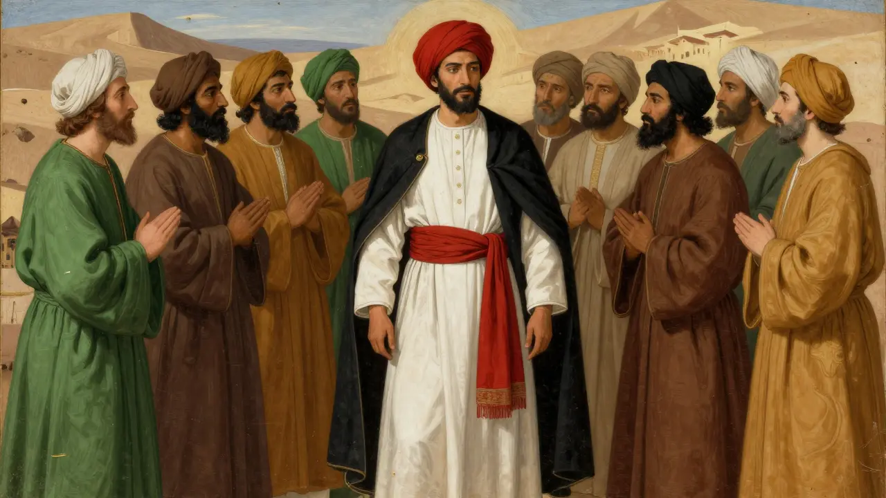 Пророк Мухаммед (да благословит его Аллах и приветствует) в белом, черном и красном одеянии, окруженный спутниками в разноцветной одежде, без лиц, в стиле исламской миниатюры.