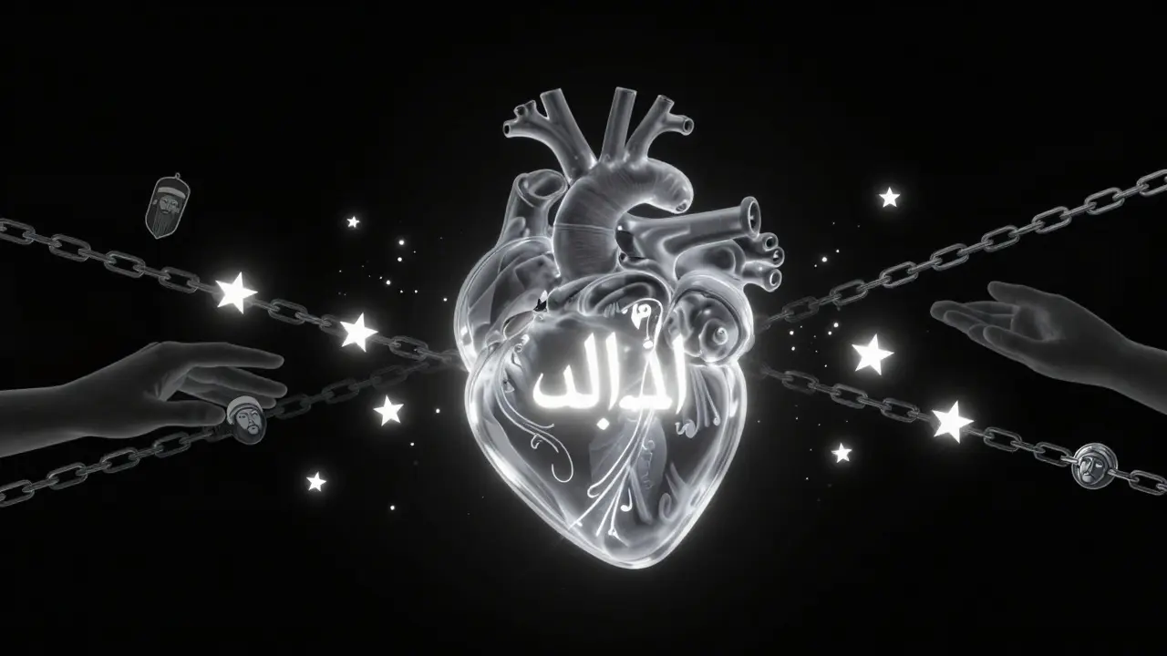 Прозрачное сердце с надписью 'Нет бога, кроме Аллаха', вокруг — разрушающиеся цепи идолов.