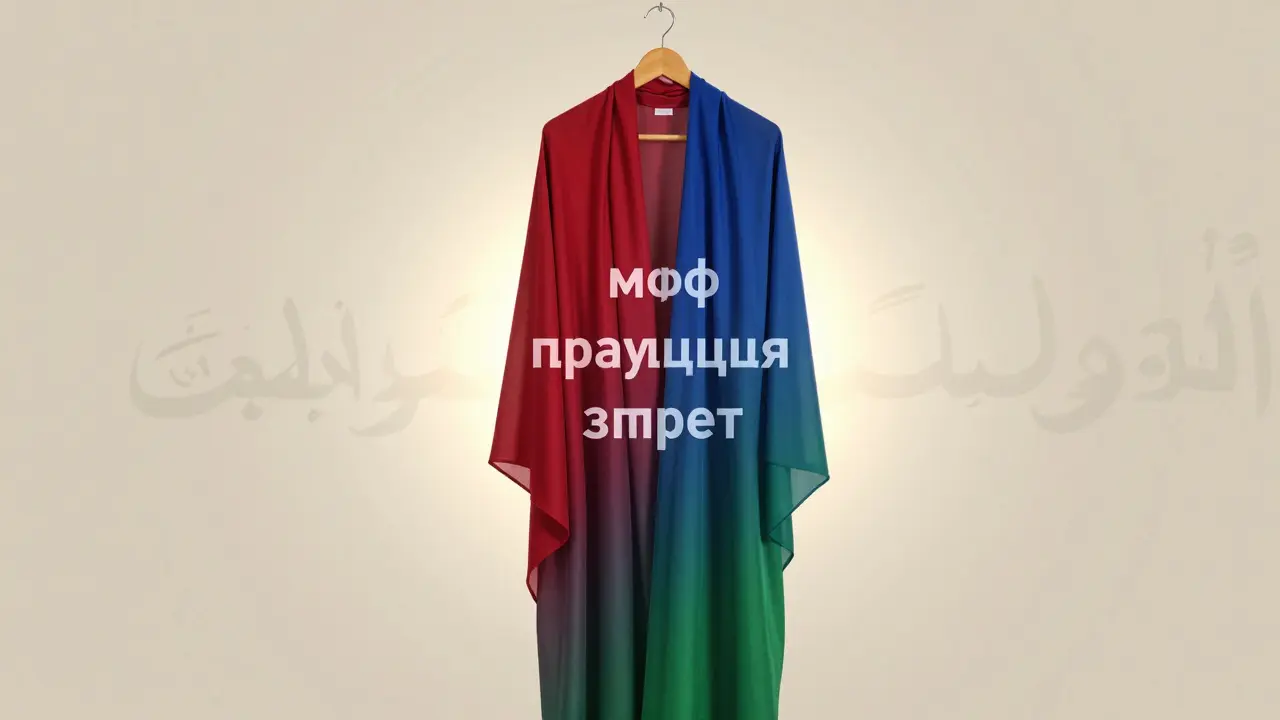 Пустой хиджаб с градиентом красного, синего и зеленого цветов, с прозрачными надписями 'миф', 'традиция', 'запрет', на фоне мягкого божественного света.