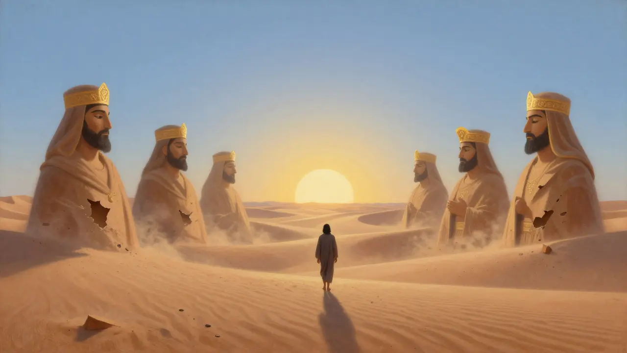 Путник идет по пустыне, а позади него рушатся идолы и святые.