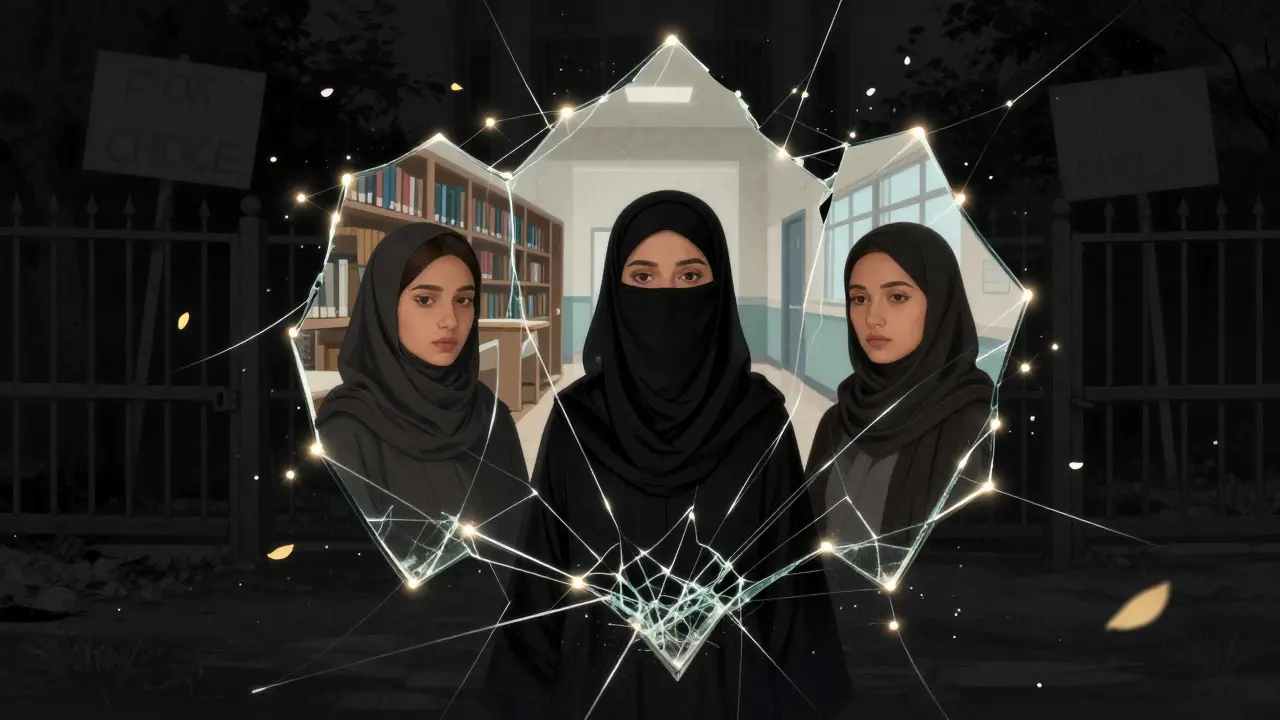 Разбитое зеркало с тремя женщинами в разных покрытиях, соединенными светом, символизирующее выбор и единство.