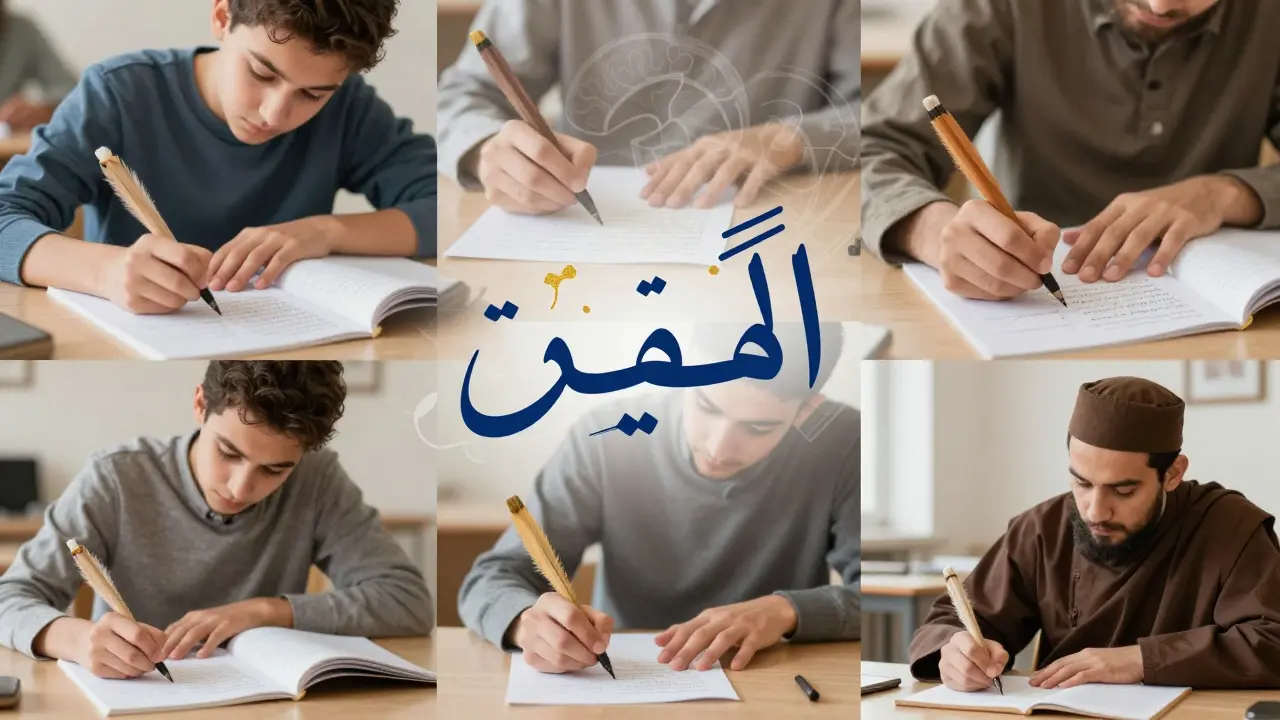 Разные руки пишут арабскую каллиграфию в разных странах, с наложением образов мозга и шрифта.