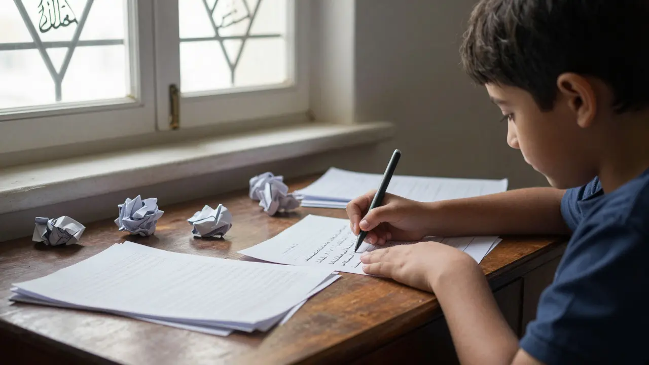 Ребёнок учится писать арабские буквы, окруженный листами с практикой.