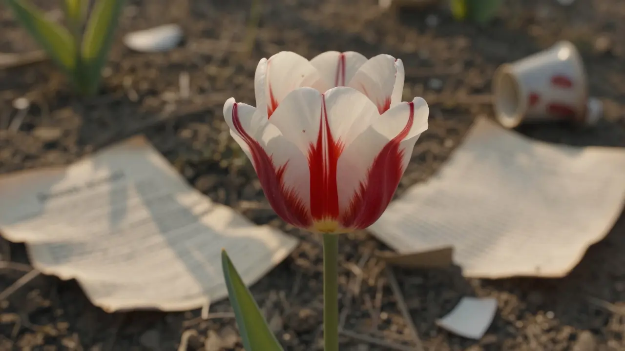 Редкий тюльпан Семпер Августус с белыми лепестками и красными полосами растёт в пустом саду, вокруг — обрывки контрактов и разбитая посуда.