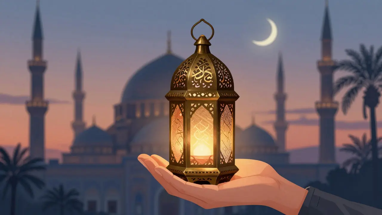Рука дарит латунную фонарь с арабесками на фоне мечети на закате.