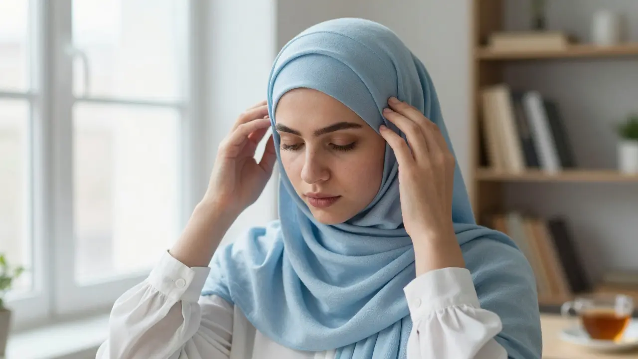 Руки аккуратно поправляют хиджаб из хлопка в мягком светлом интерьере.