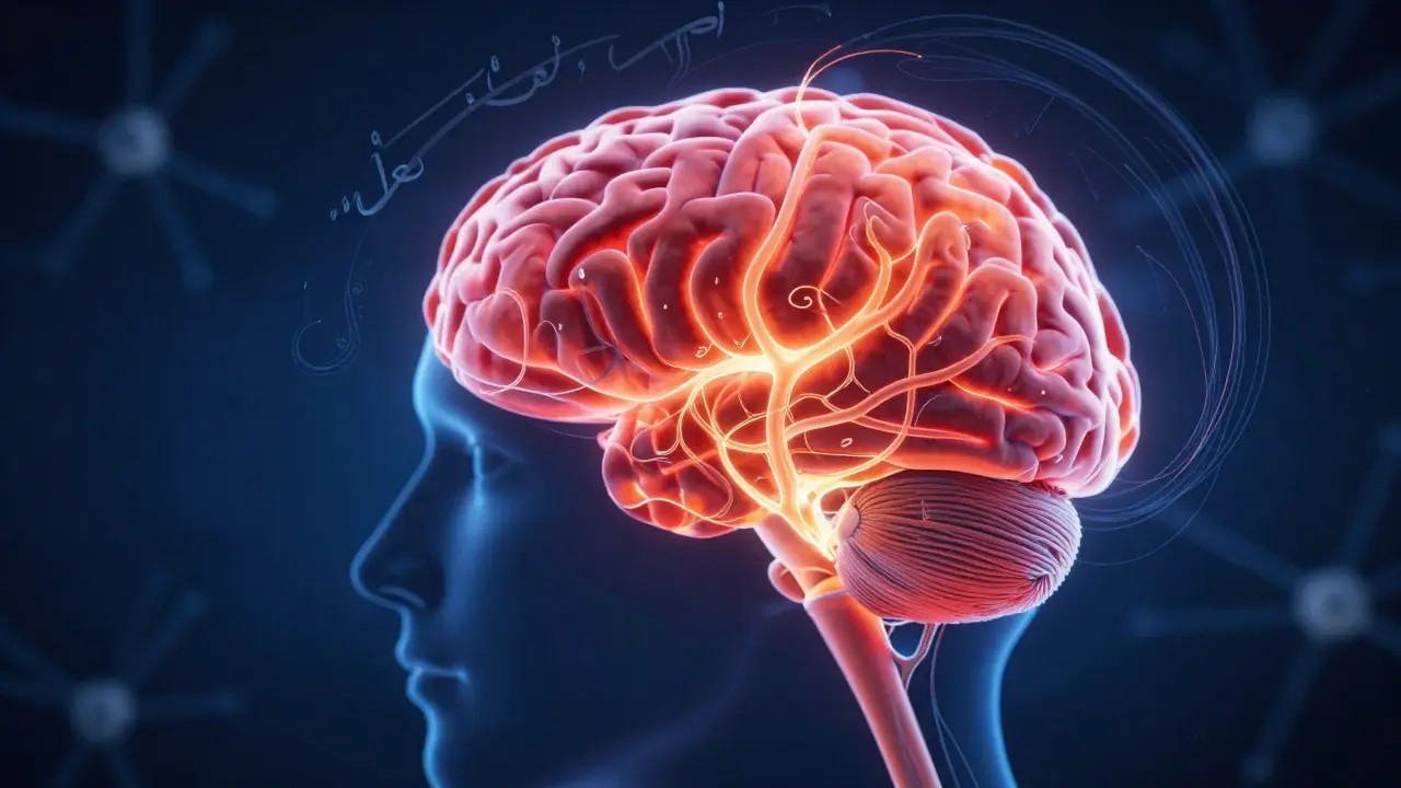 Схема мозга с активированными областями, соединёнными светящимися линиями, похожими на арабские буквы.