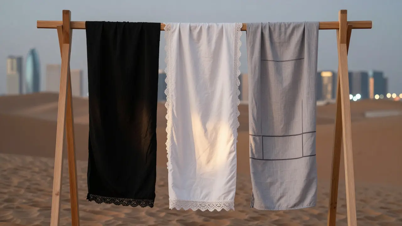 Три шейлы на деревянной вешалке: простая, с кружевом и с геометрическим принтом.