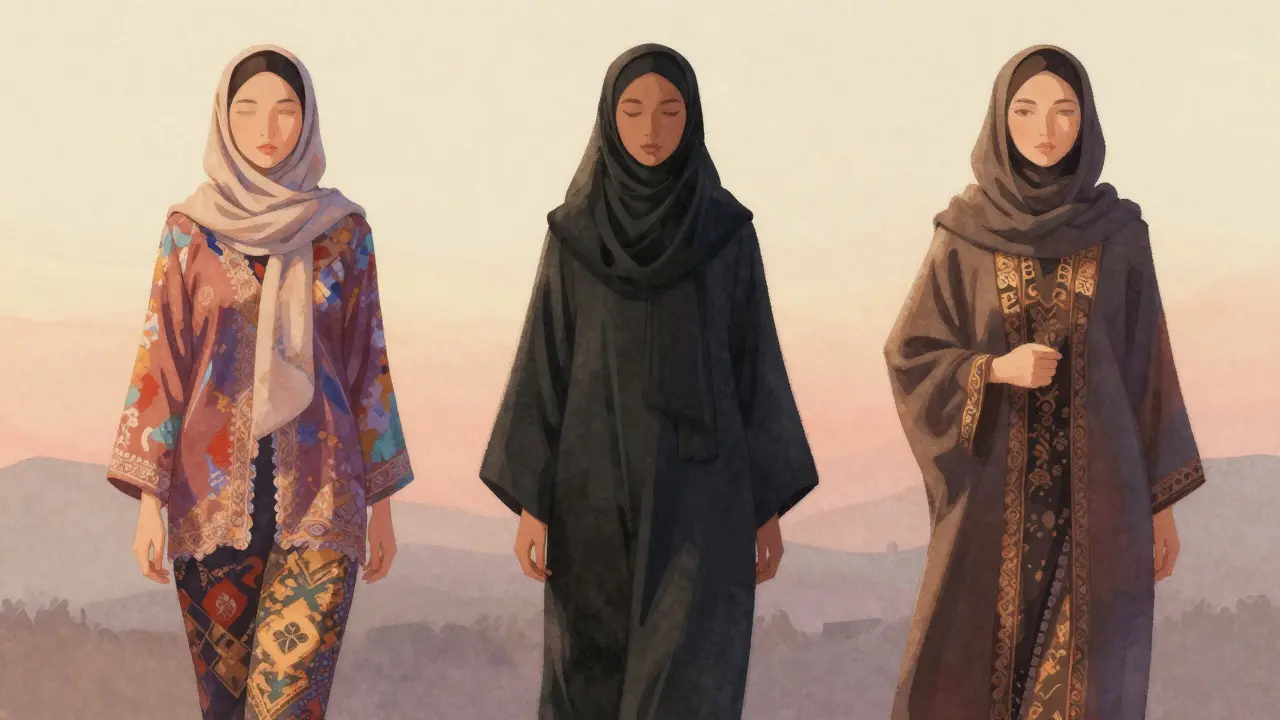 Три женщины в разных культурах в скромной одежде, символизирующей хиджаб.