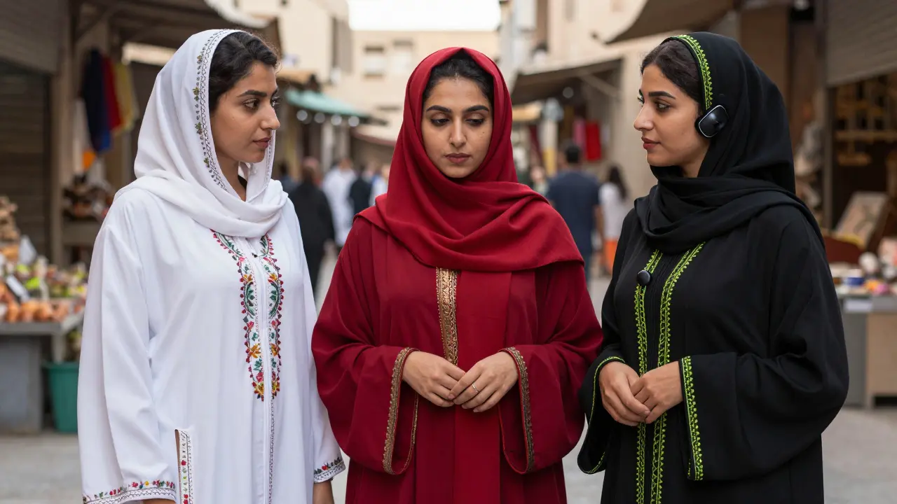 Три женщины в разных традиционных нарядах: галабия, тюбетейка и модная абая.