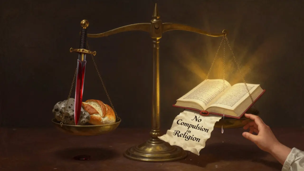 Весы с мечом и камнем против Корана и руки, тянущейся к хлебу — справедливость превышает наказание.