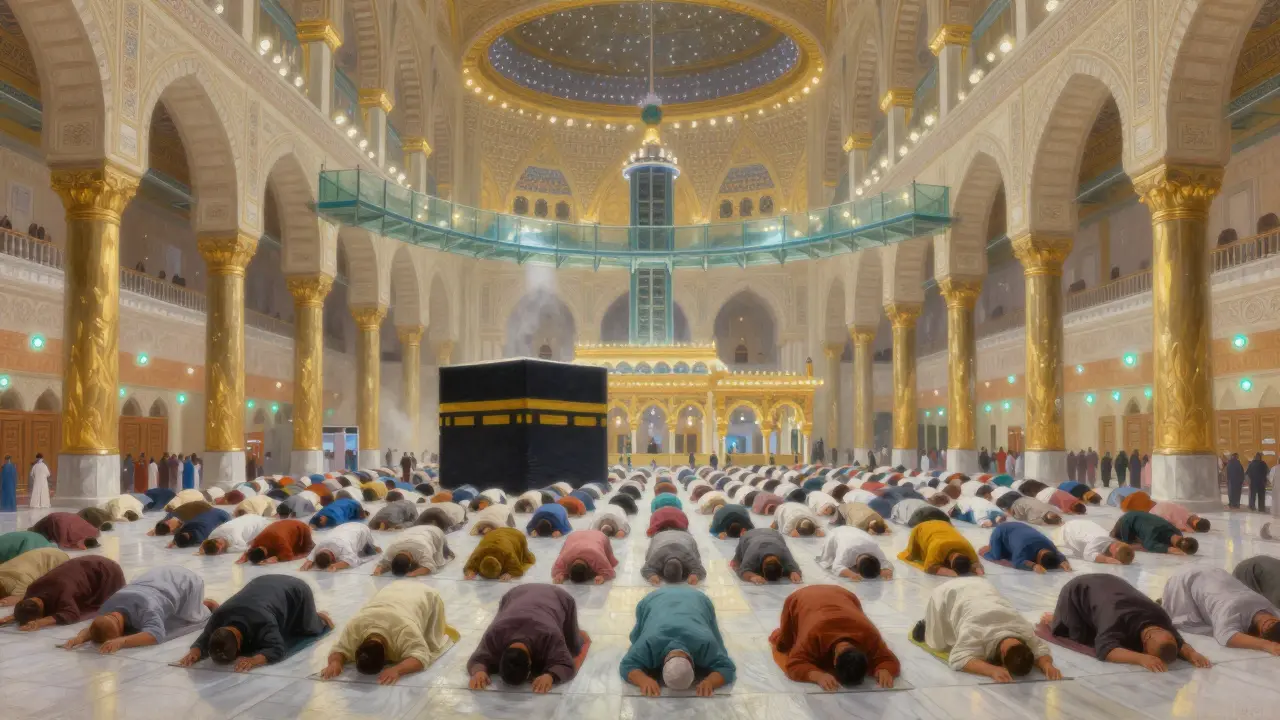 Внутренний двор мечети Аль-Харам, где миллионы молятся под золочеными колоннами и охлаждаемым мрамором.