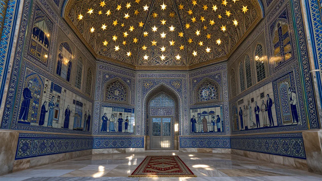 Внутренний свод мечети Кул Шариф с тысячами золотых звёзд и керамическими узорами на стенах.