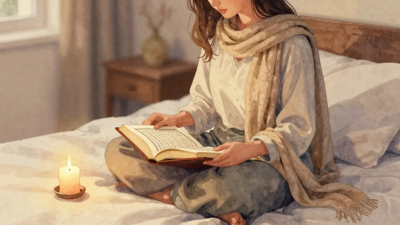 Женщина читает Коран в спальне, головной убор лежит рядом, в комнате тихий свет свечи.