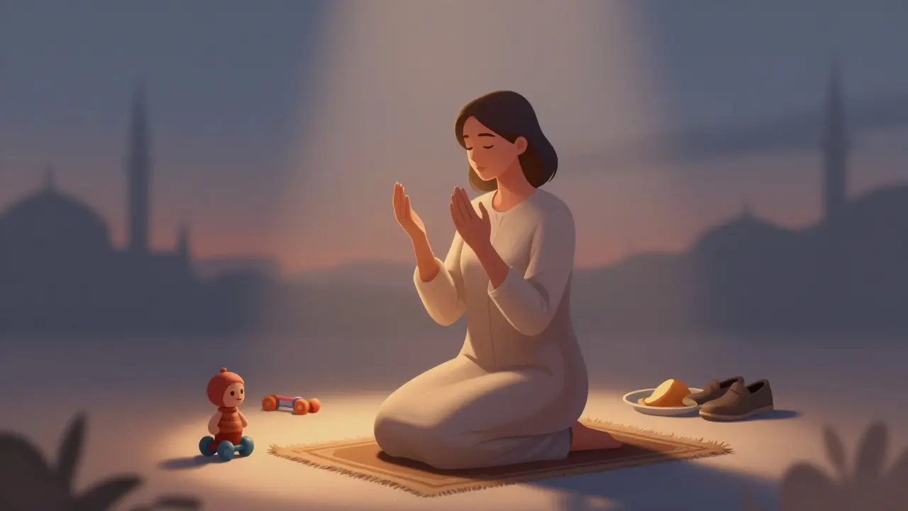 Женщина молится на коврике в сумерках, вокруг неё — тени повседневных вещей.