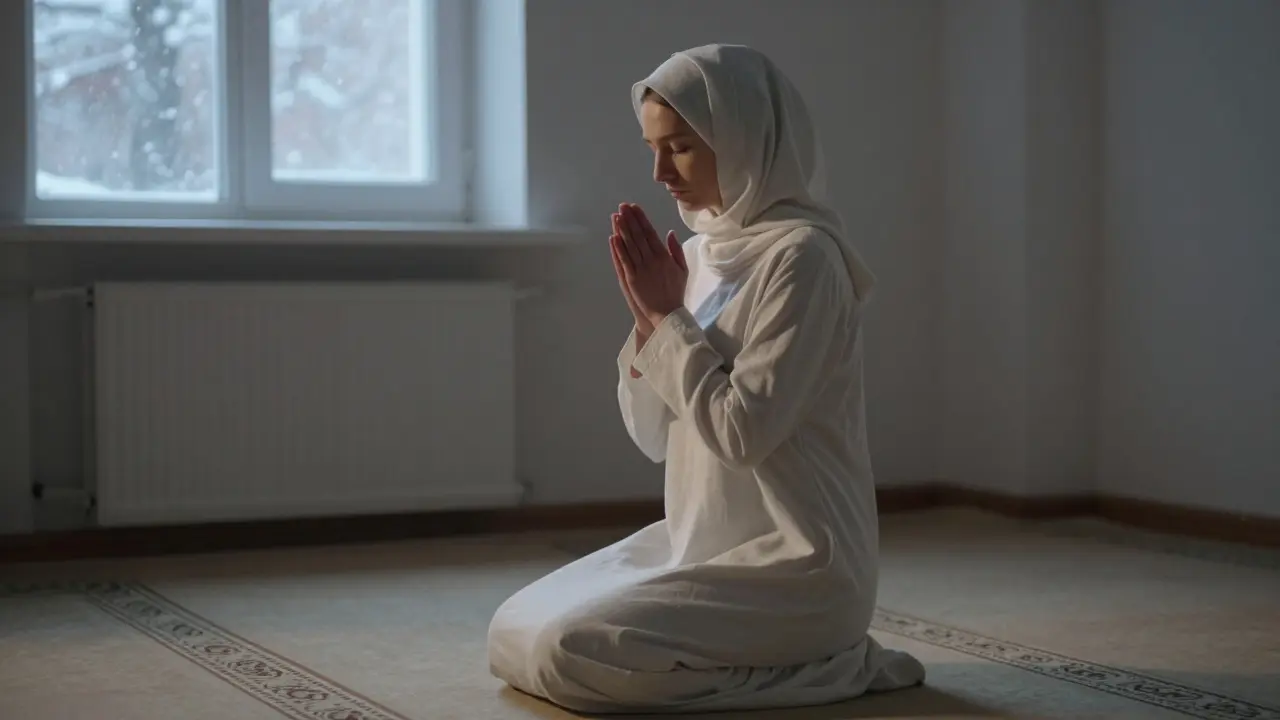 Женщина молится в тёплой, простой молитвенной одежде с капюшоном.