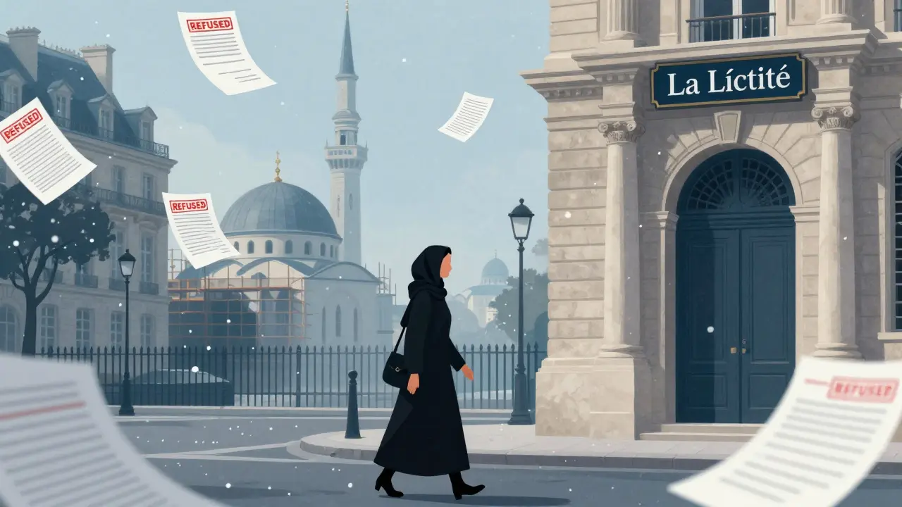 Женщина в хиджабе идёт мимо здания с надписью 'Светскость', за ней — мечеть под запретом.