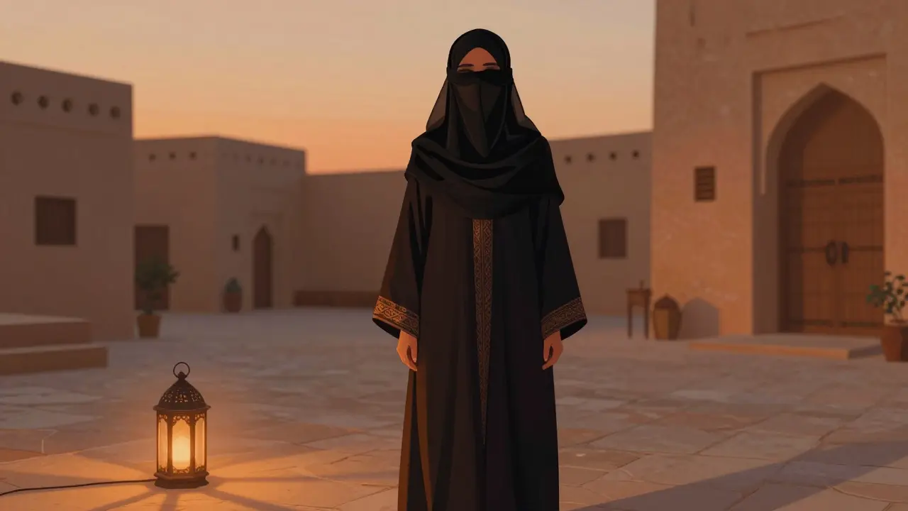 Женщина в ниабе с сеткой на глазах стоит во дворе на закате, за ней — фонарь.