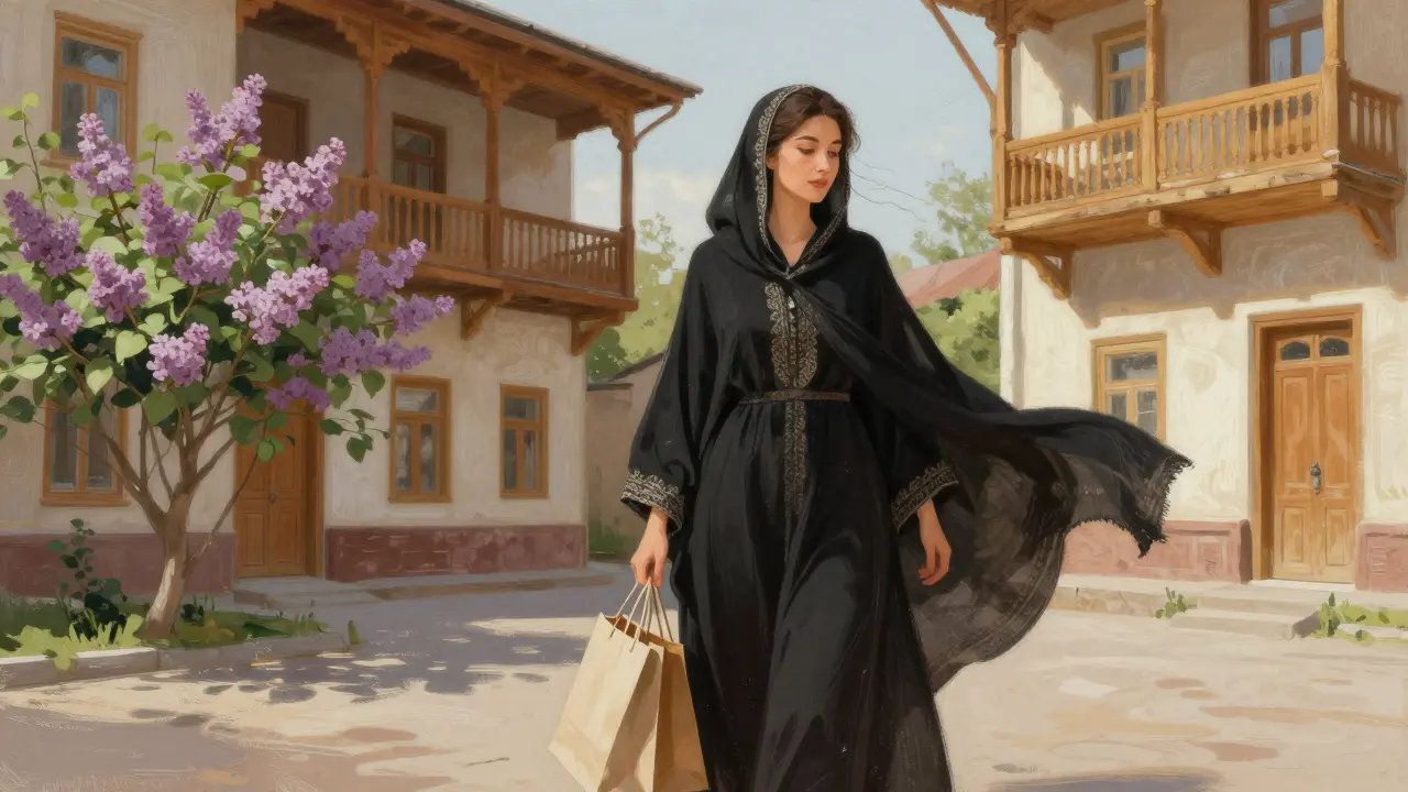 Женщина в вышитой шейле во дворе Казани, вокруг — татарская архитектура и сирень.