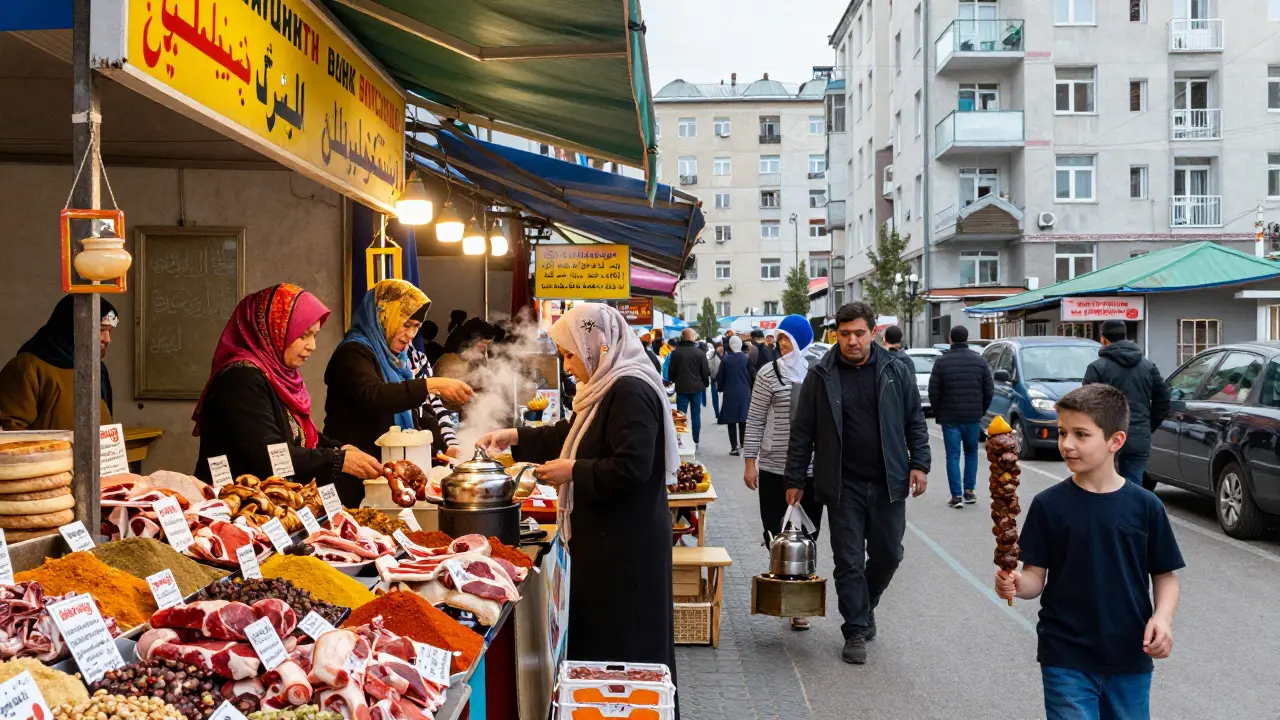Живой рынок халяль-продуктов в Москве, женщины в хиджабах покупают еду.