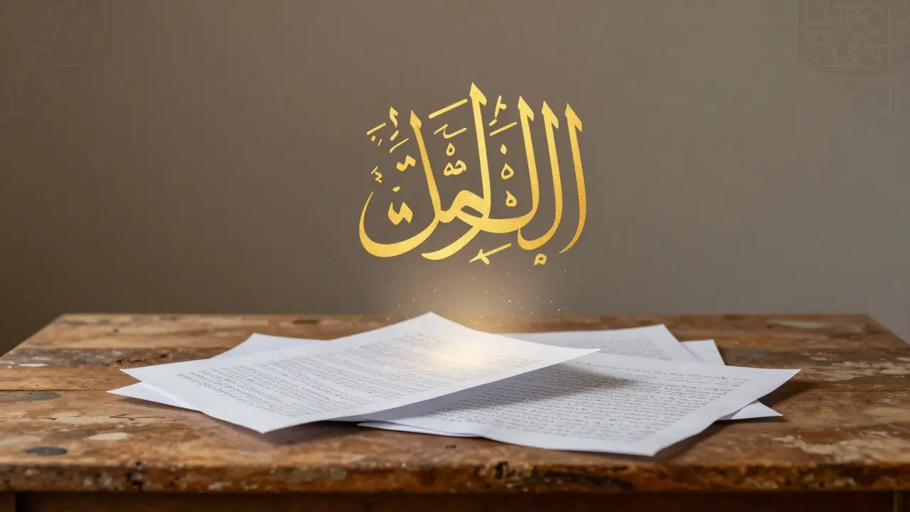 Золотая арабская надпись 'бисмиллах' парит над стопкой черновиков на деревянном столе.