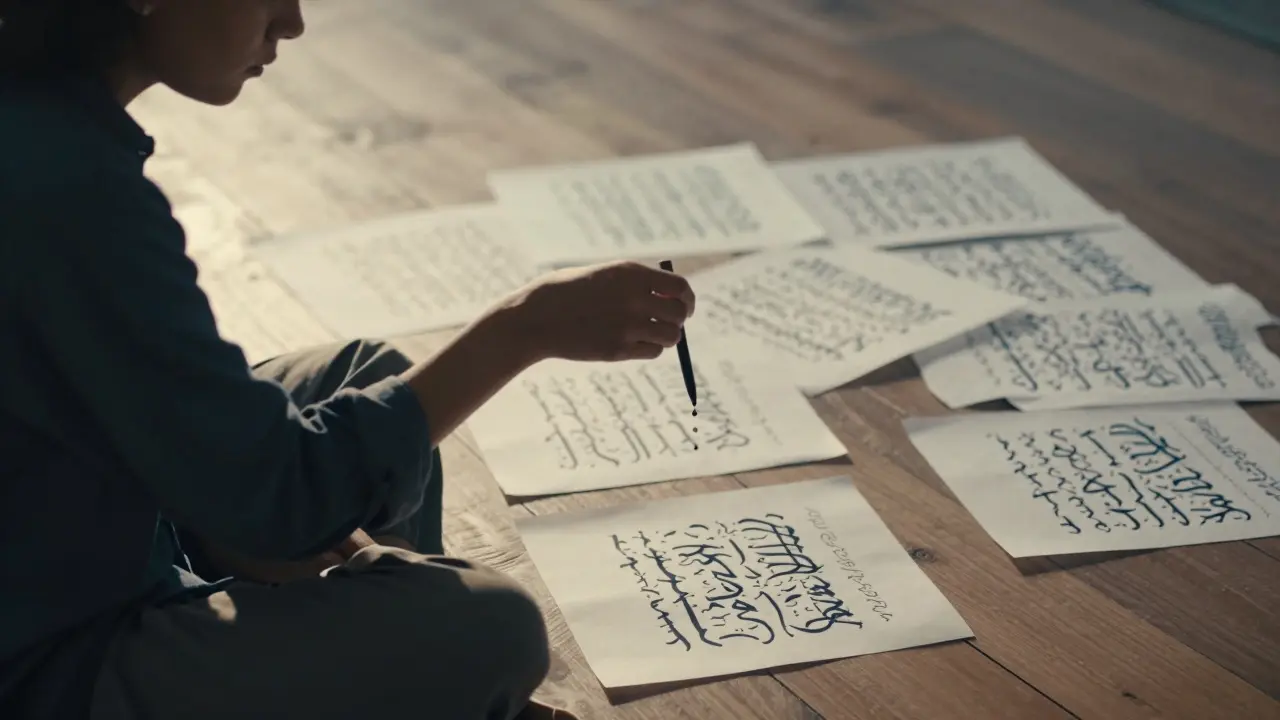 Человек пишет арабскую каллиграфию в утреннем свете, погружённый в медитативное состояние.
