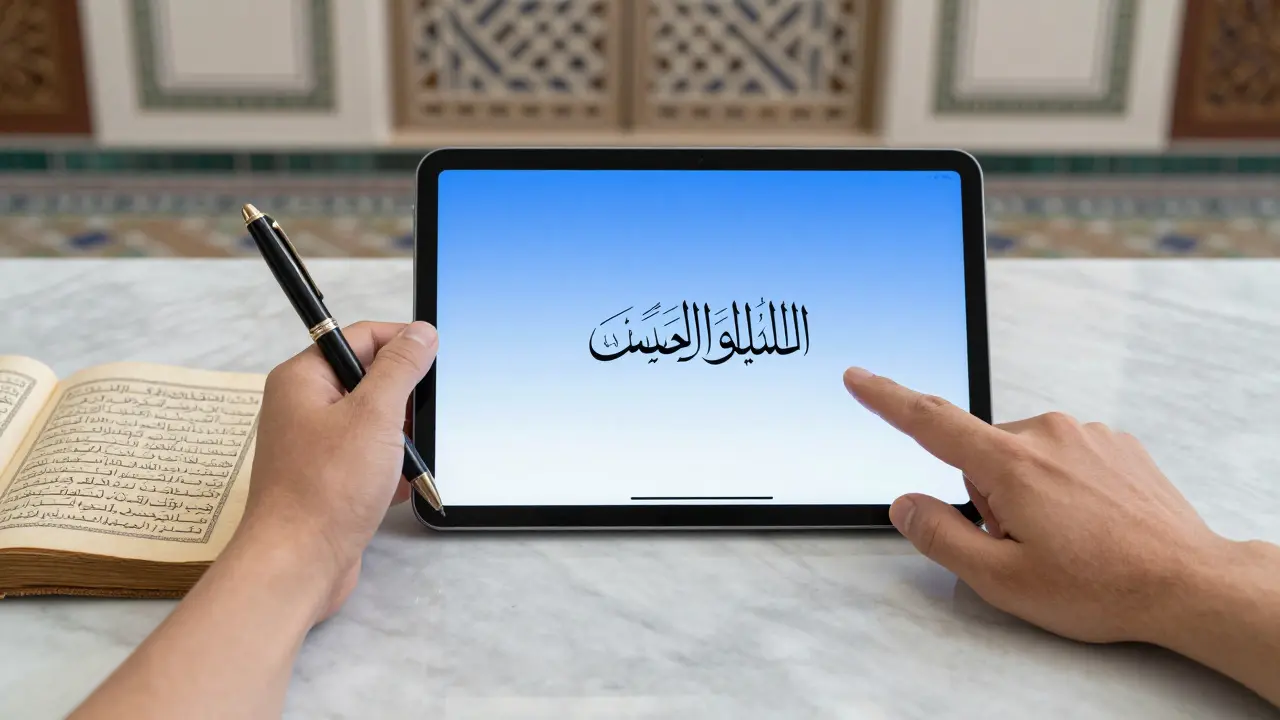 Цифровой экран с текстом Корана в стиле насх рядом с традиционной тростниковой ручкой и рукописью.