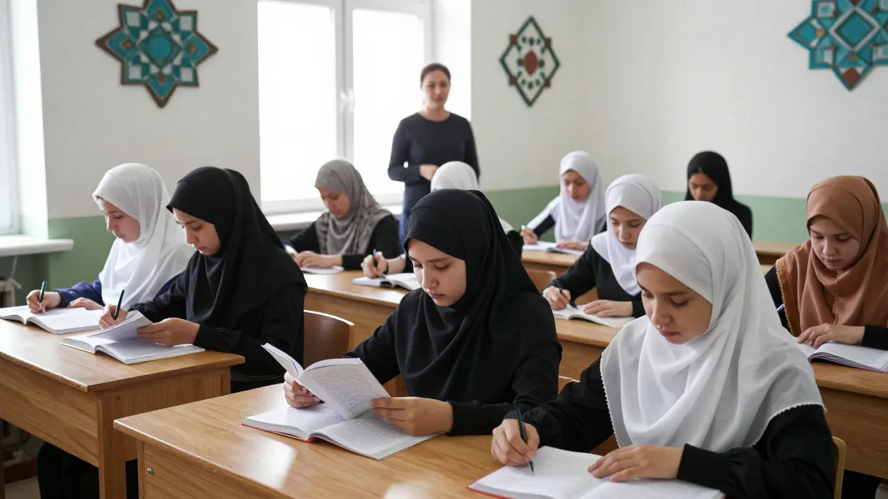 Девочки в классе: одни в хиджабе, другие — без, все учатся.
