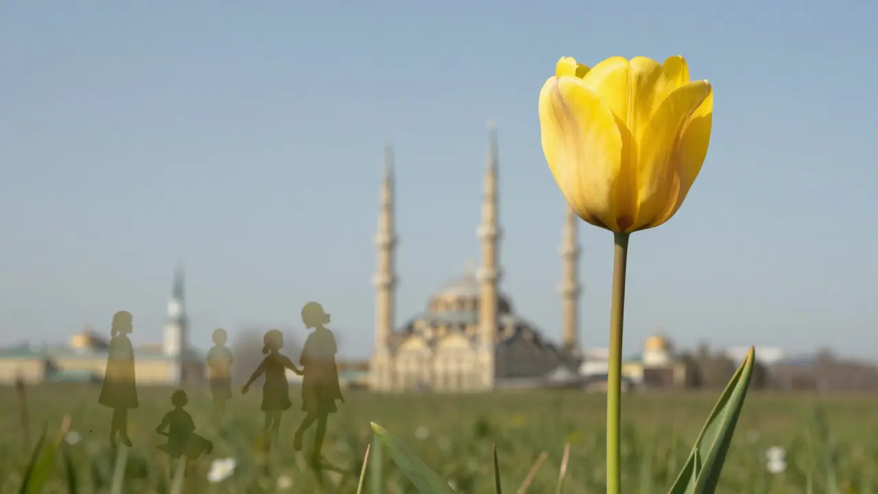 Дикая тюльпан в степи Волги, чей стебель превращается в минарет мечети.