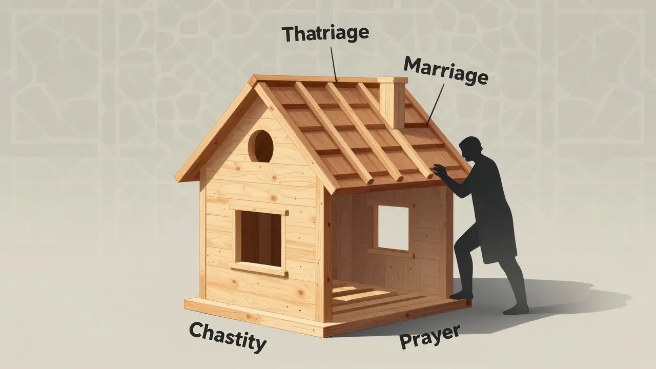 Дом, построенный с фундамента 'Чистота' до крыши 'Брак', символизирует исламский путь отношений.