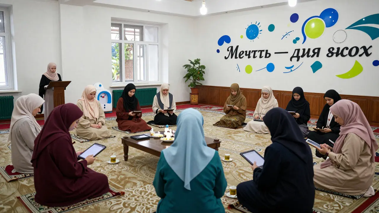 Группа женщин в мечети участвует в занятиях, читает Коран и пьет чай в уютной зоне.