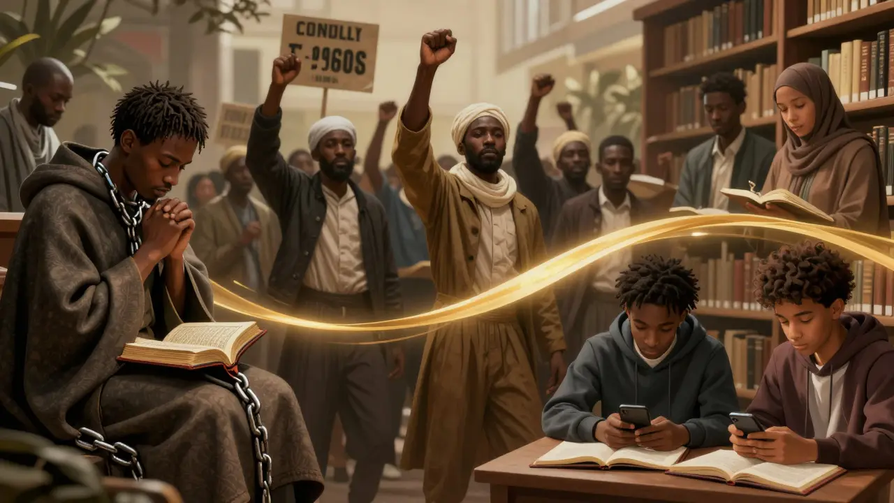 Историческая иллюстрация: африканские рабы, активисты 1960-х и современные американские мусульмане.