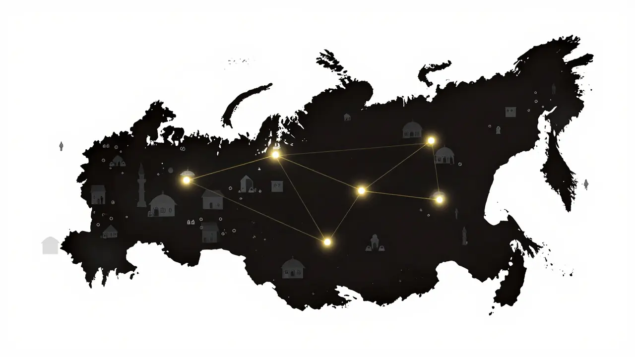 Карта России с точками мечетей и прозрачными силуэтами людей, молящихся дома — невидимая сеть веры сквозь отсутствие зданий.