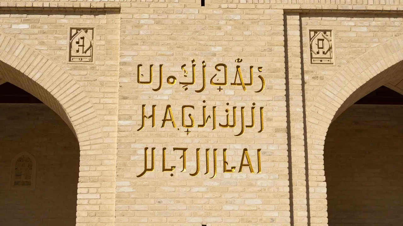 Куфические надписи на стенах мечети Омейядов в Дамаске под солнечным светом.