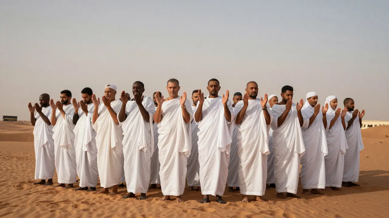 Люди разных возрастов в белых одеждах молятся вместе в пустыне, символизируя равенство перед Аллахом.