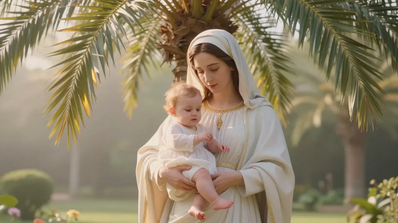 Марьям с младенцем Исой под пальмой в саду, окруженная светом.