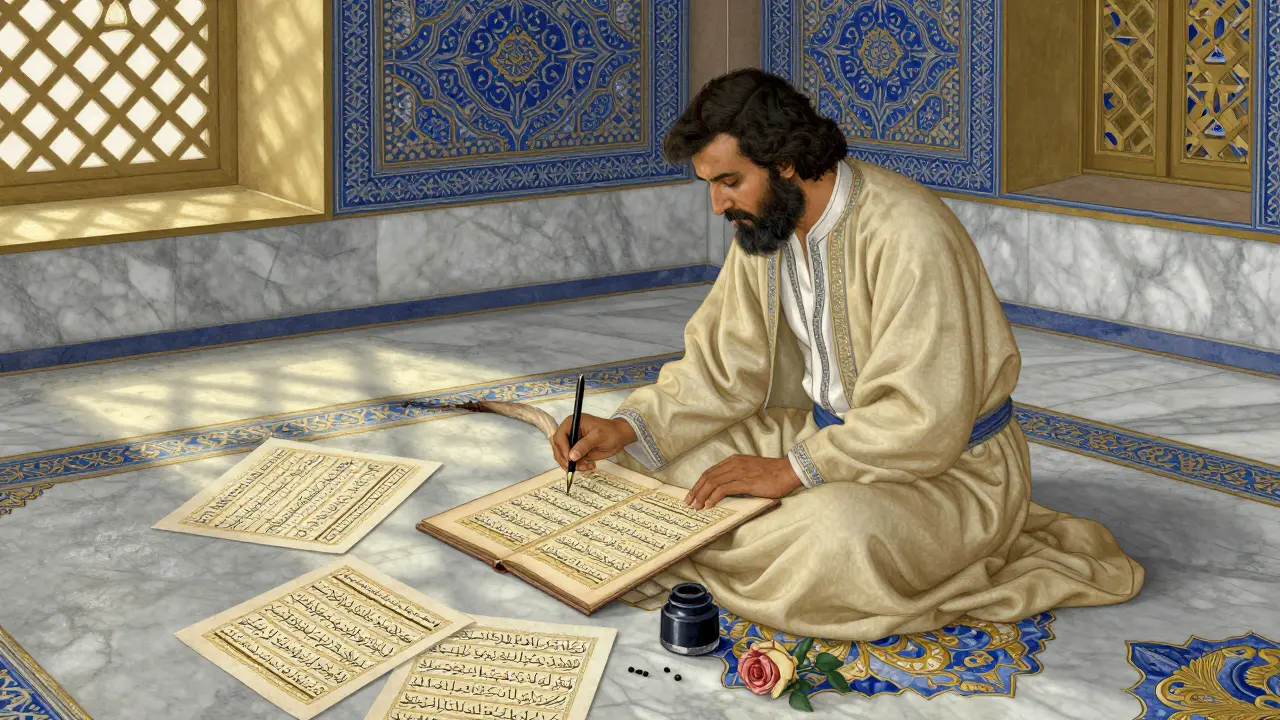 Мастер каллиграфии пишет Коран стилем насх в традиционной обстановке с геометрическими узорами.