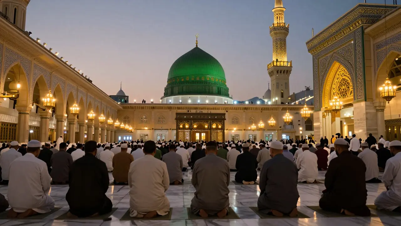 Мечеть Пророка в Медине с зелёным куполом, верующие молятся внутри.